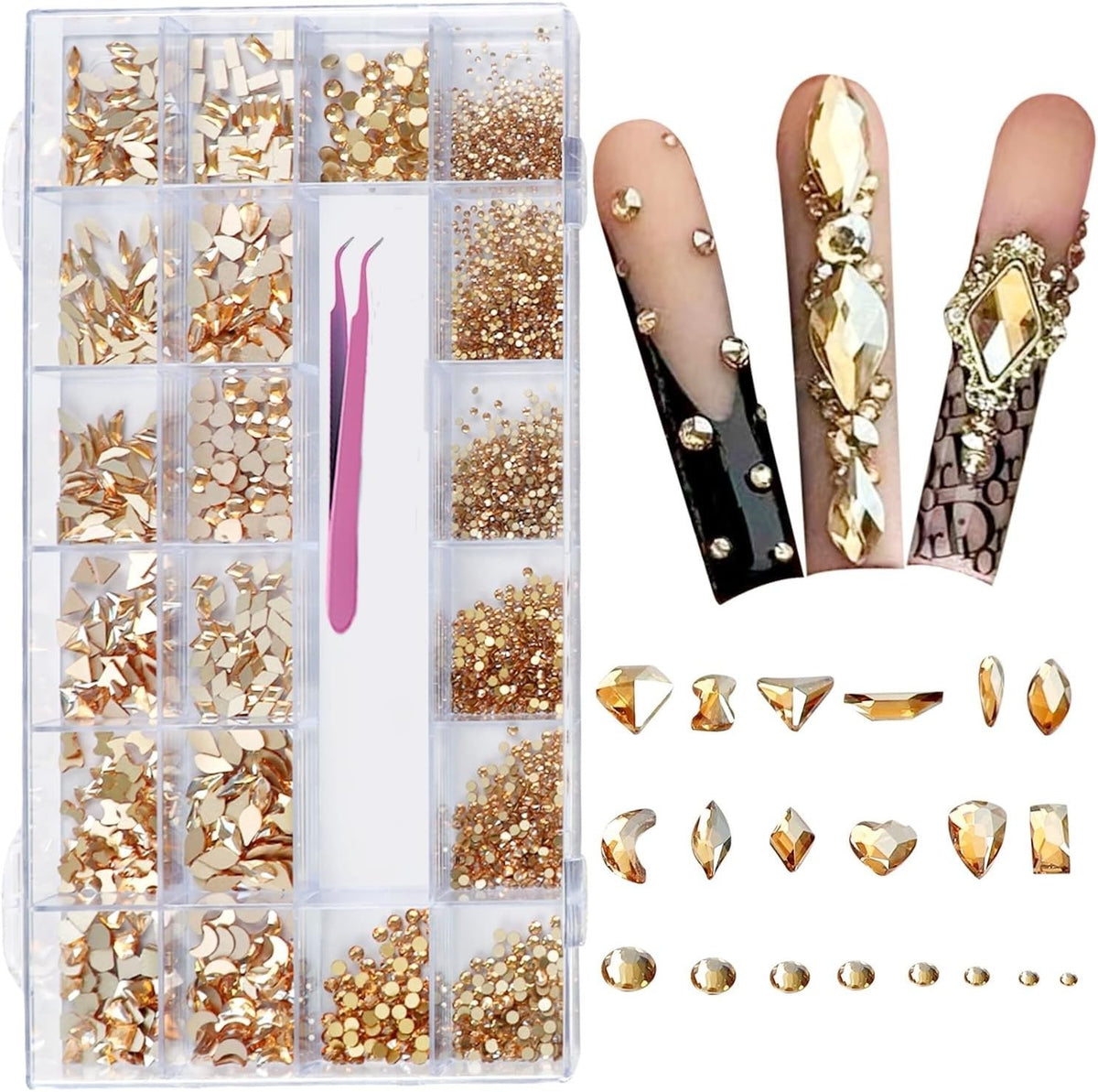 6080Pcs Gold Nail Art Rhinestones Kit with 20 Shapes and Tweezers
