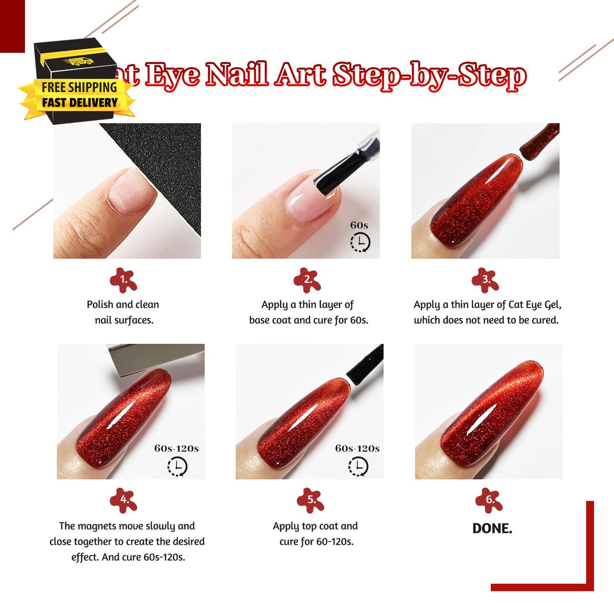 Cat Eye Gel Nail Polish Set with Base & Top Coat - Burgundy Red & Magnet Stick