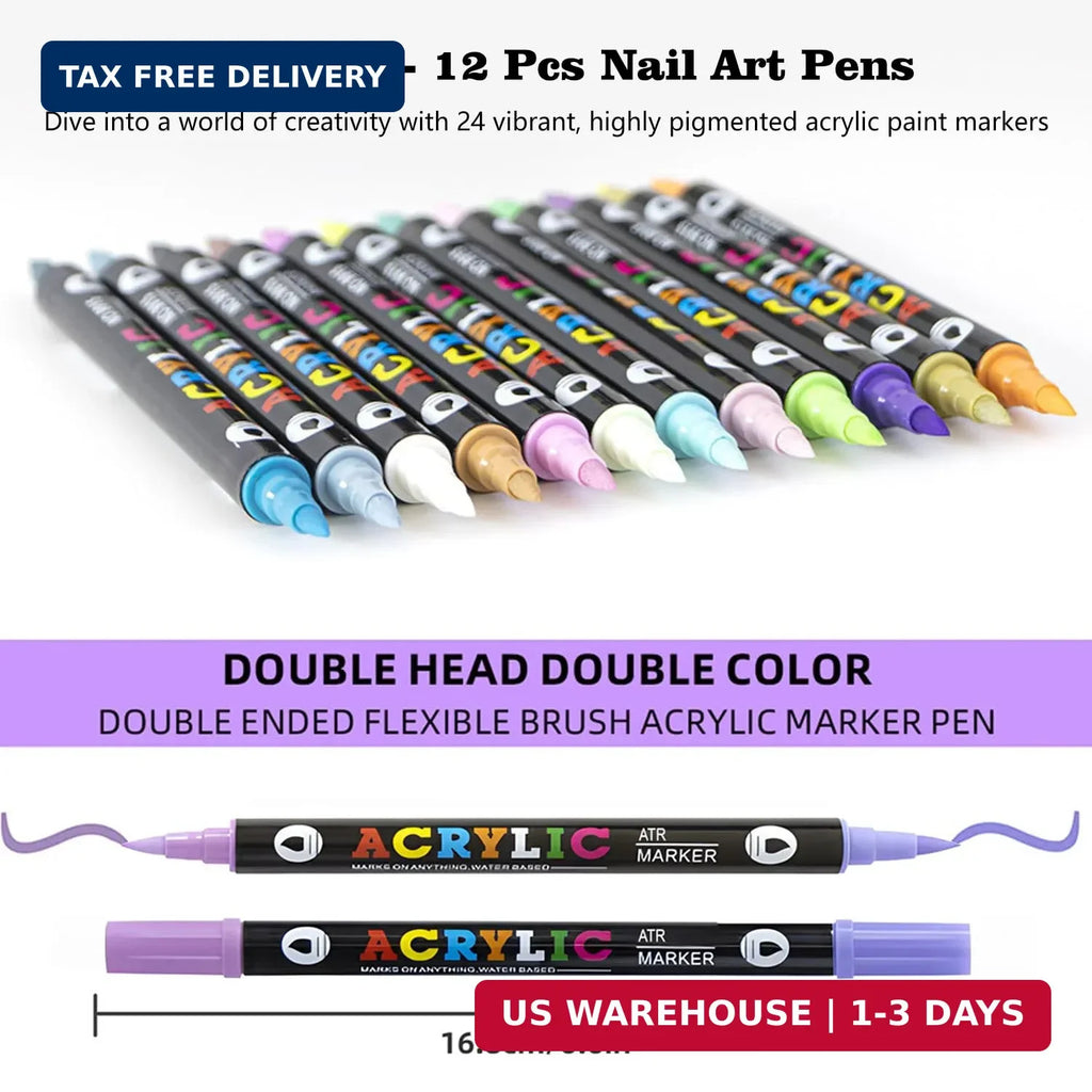 12PCS Dual-Ended Nail Art Pen Set - Quick-Drying Vibrant Colors for DIY & Salon Manicure