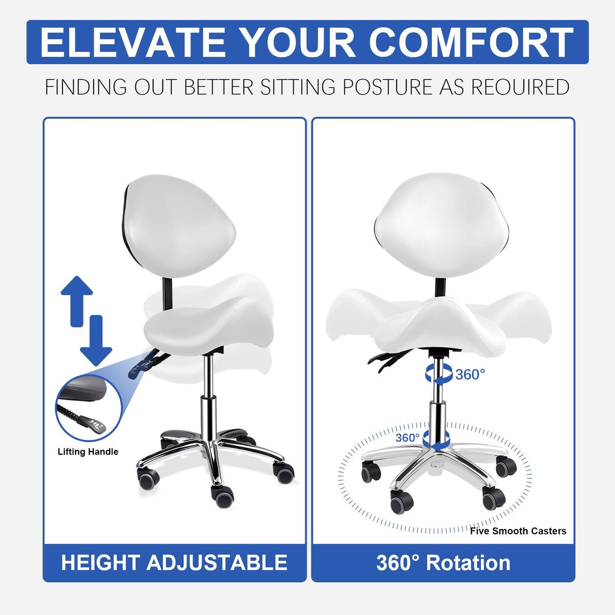 Heavy-Duty Ergonomic Saddle Stool with Back Support and Height Adjustment