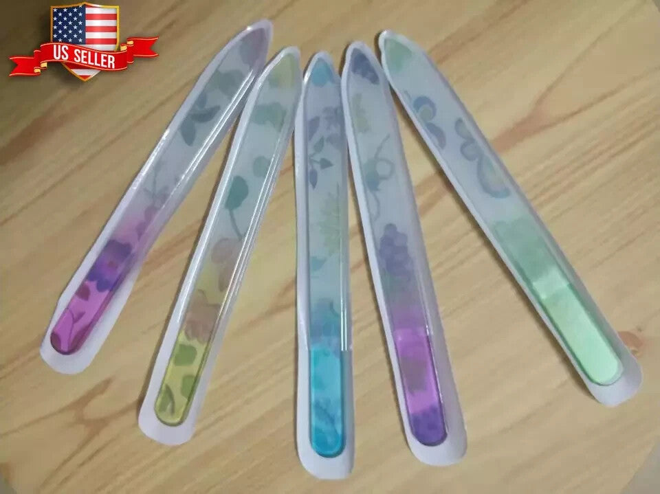 Glass Nail File Set with Case - Double Sided Crystal Manicure Tools, Colorful Flower Pattern