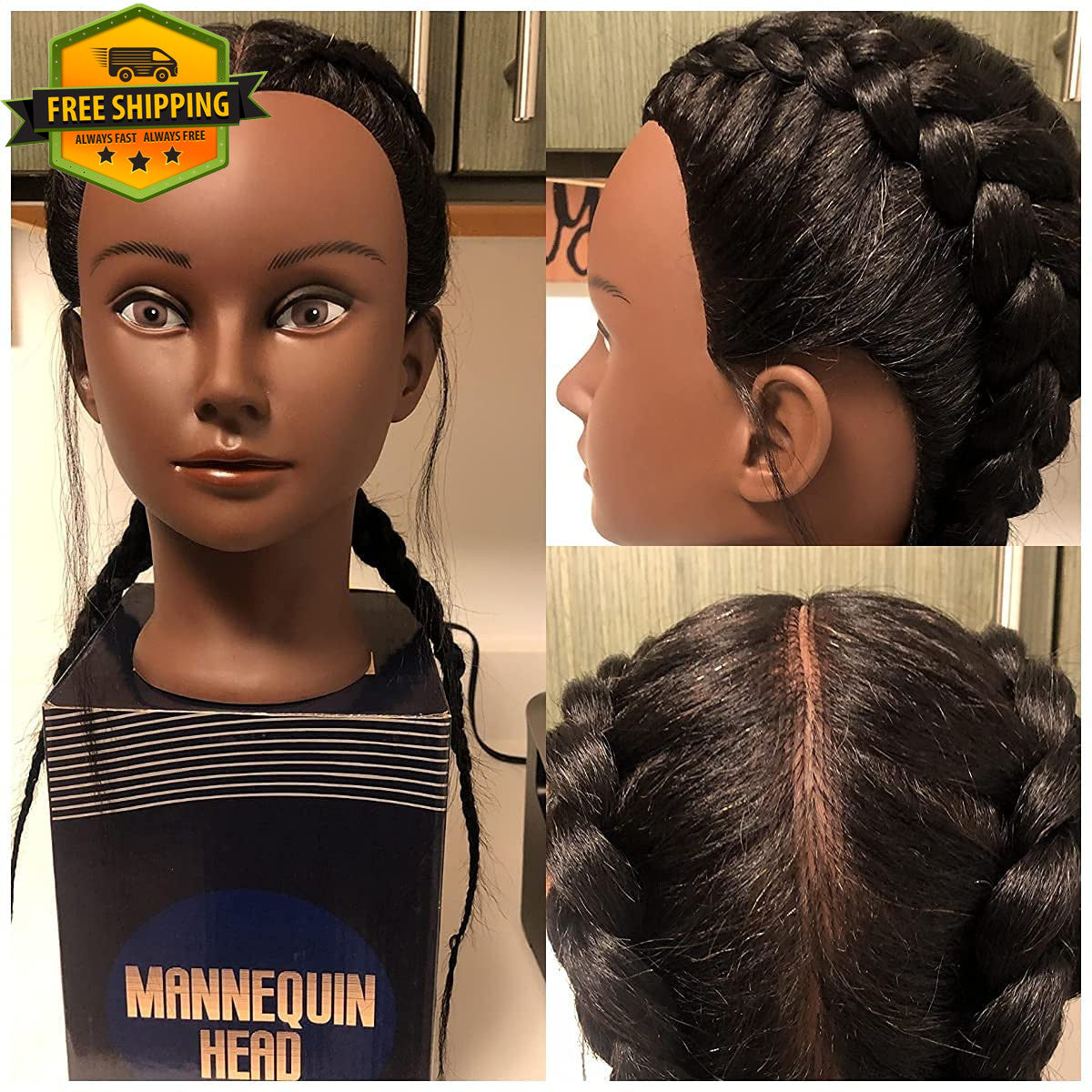 16 Inch Human Hair Mannequin Head for Cosmetology Practice - Natural Black