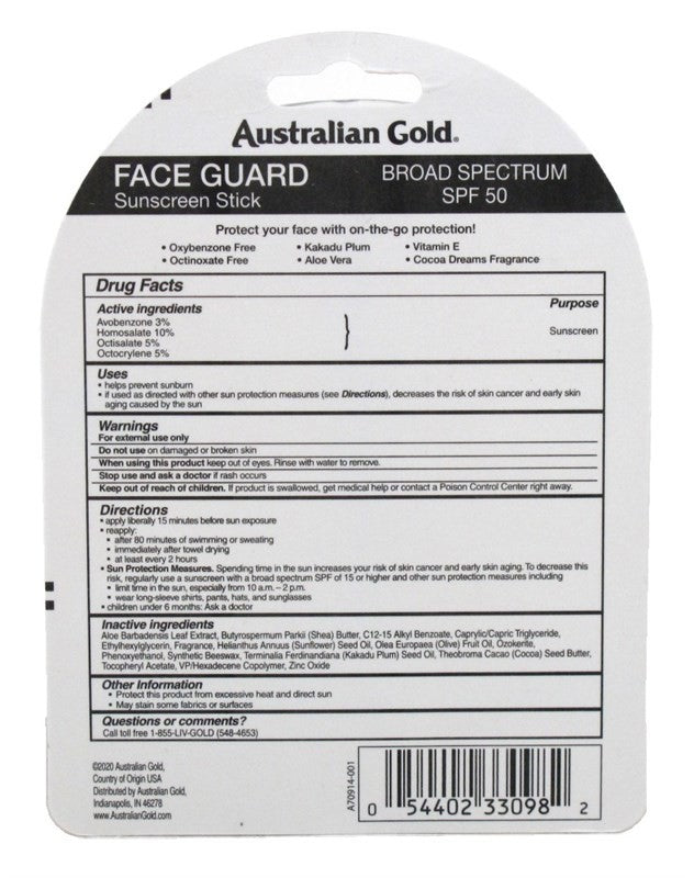 SPF 50 Face Sunscreen Stick for Face, Lips & Nose - Water-Resistant, Oil-Free