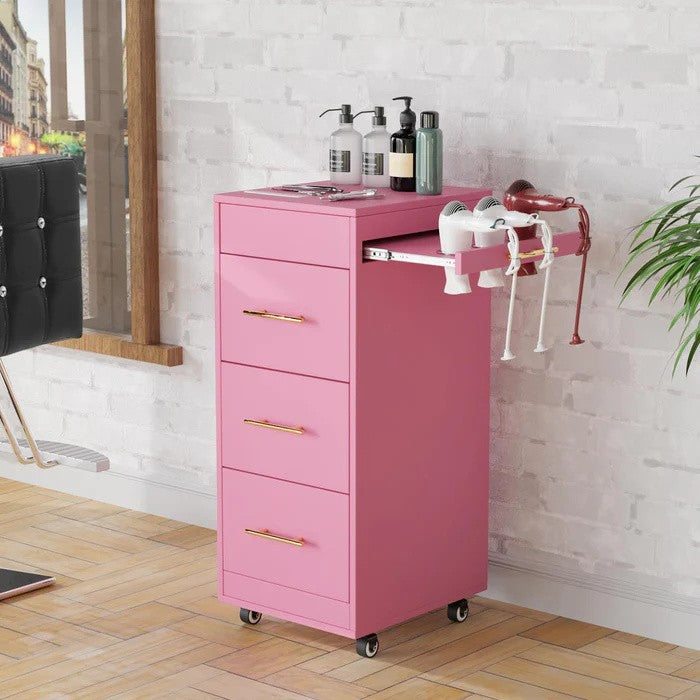 Professional Salon Trolley Cart with Metal Tool Holsters & Storage Drawers - Pink