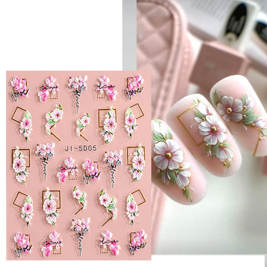 3D Flower Leaves Nail Art Stickers Decals - Self-Adhesive, 4 Sheets