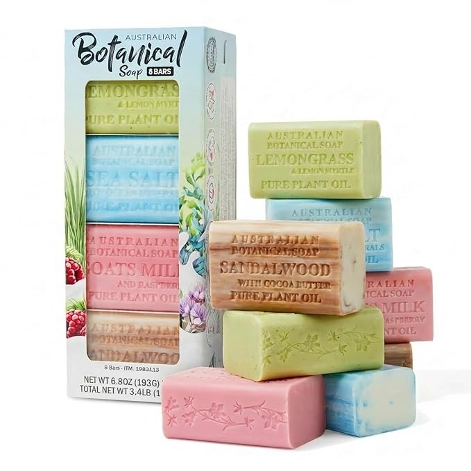 Australian Botanical Goat Milk Bar Soap 8-Pack with Shea Butter - Triple Milled & Moisturizing