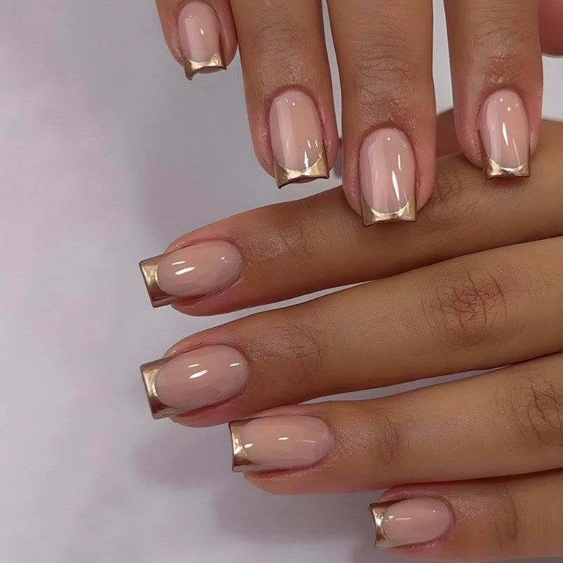 48Pcs Short Square Nude Metallic Gold French Tip Press-On Nails