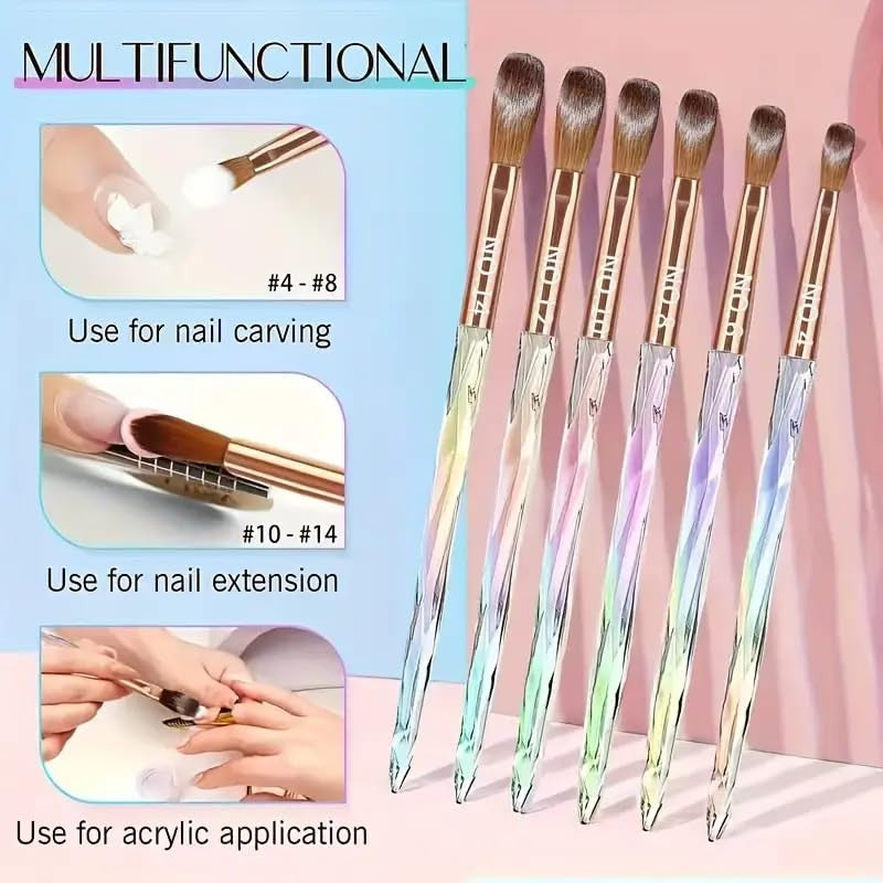 6PCS Acrylic Nail Brush Set with Ergonomic Handles - Professional Nail Art Tools