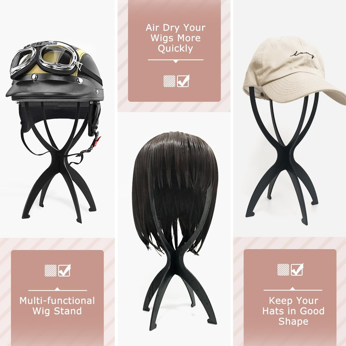 Wig Stand 3 Pack - Collapsible Black Wig Holders for Short Wigs & Travel