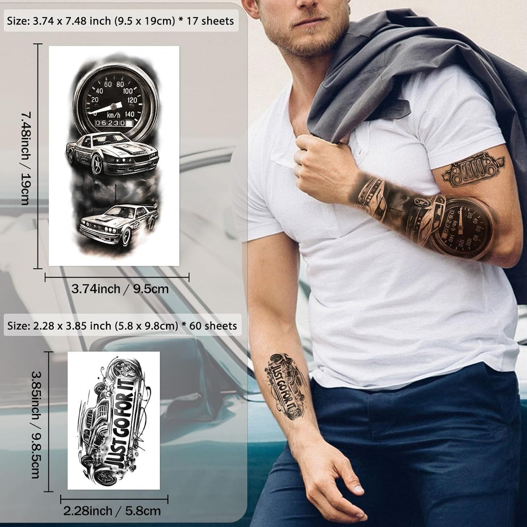 Temporary Tattoos, 77 Sheets Cars Theme Set for Adults & Kids - Water Resistant