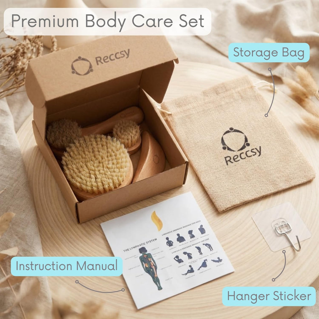 Lymphatic Drainage Body and Face Brush Set with Wooden Gua Sha - 4 Pieces