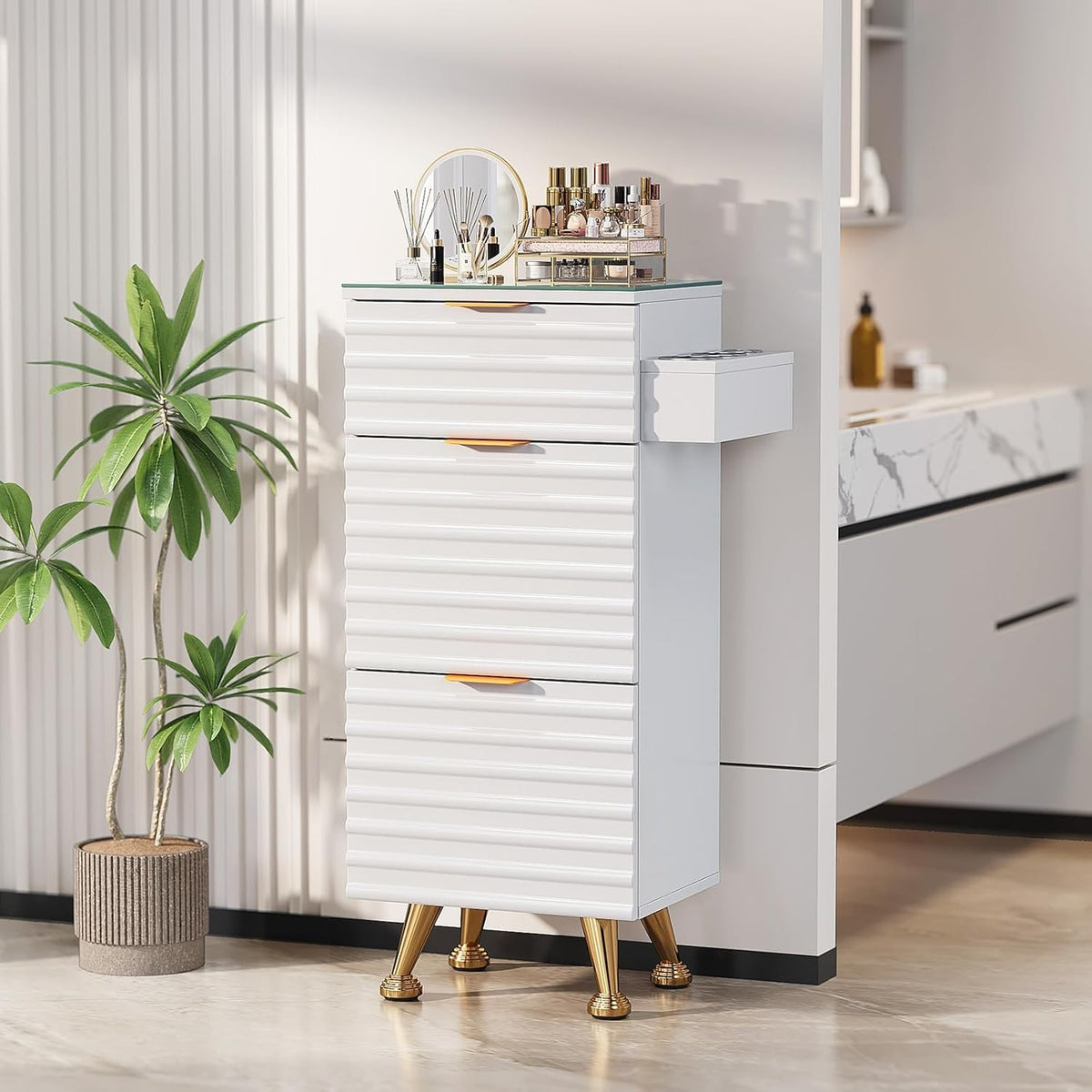 Salon Styling Station with Glass Top and Storage Drawers for Hair & Barber Shops