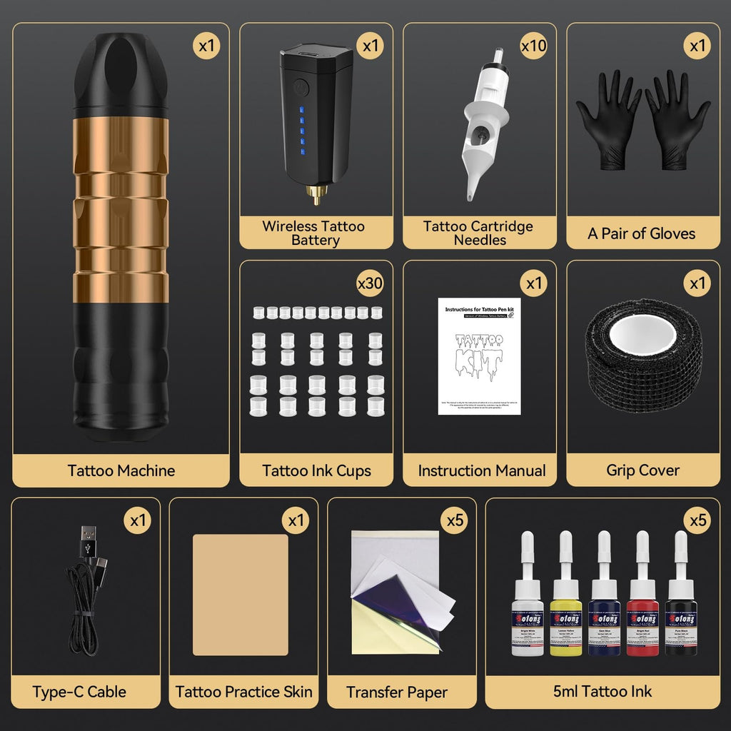 Cordless Tattoo Gun Kit with Rechargeable Battery & Inks – Wireless Tattoo Pen for Beginners