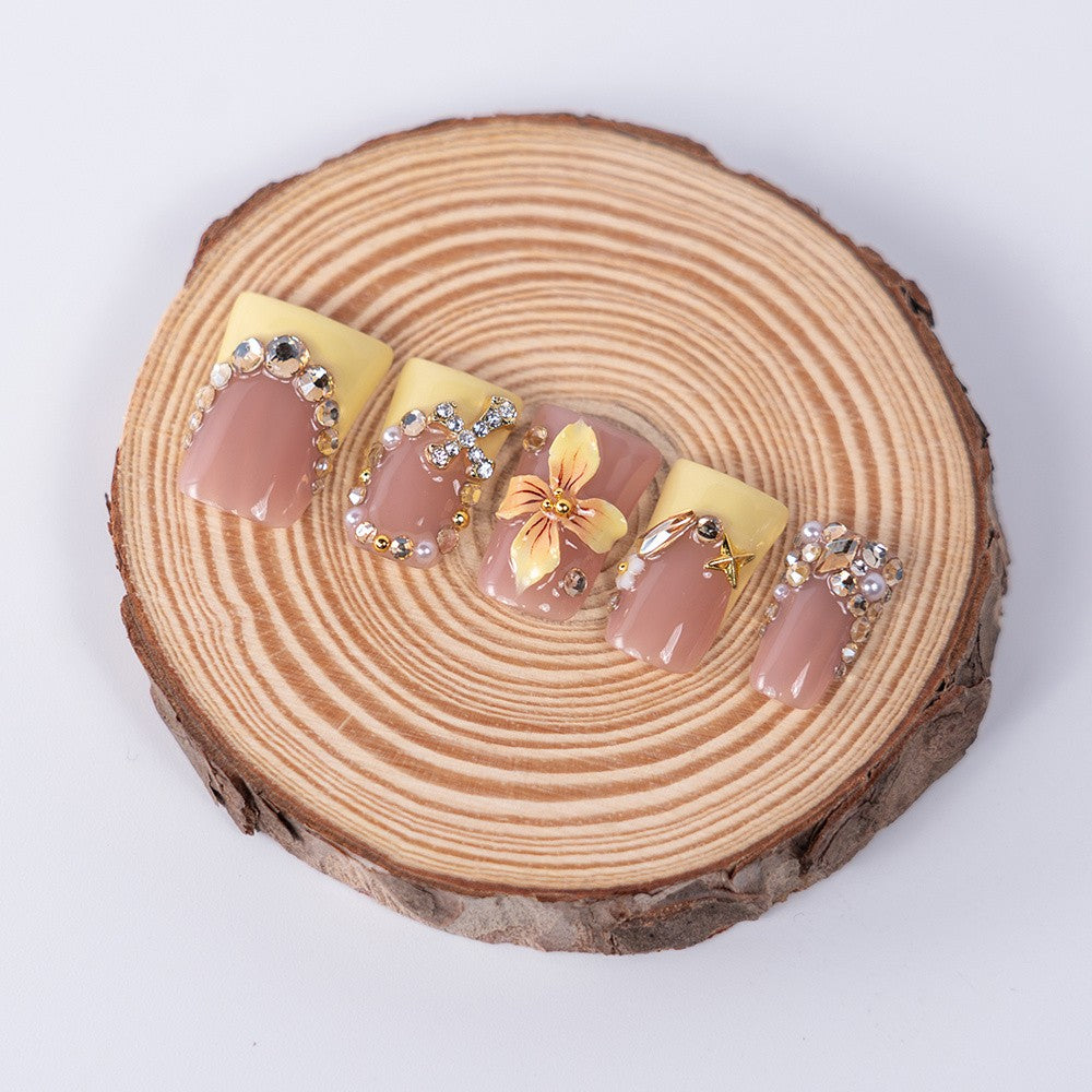 10pcs Vibrant Peach Yellow Square Nail Art Set with 3D Flower Beads - Garden Party Style