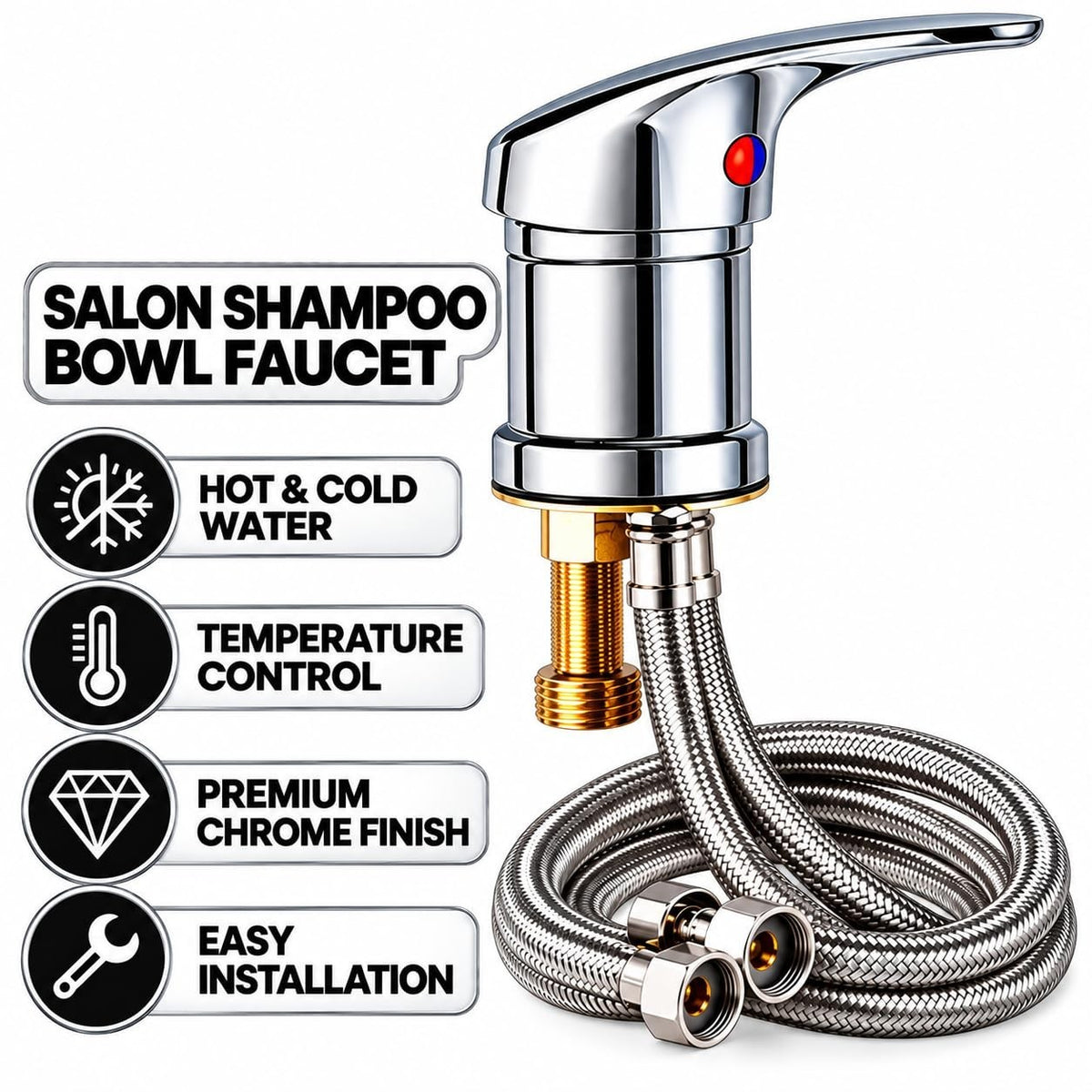 Chrome Salon Shampoo Bowl Faucet with 31.49-Inch Hose Hot & Cold Water