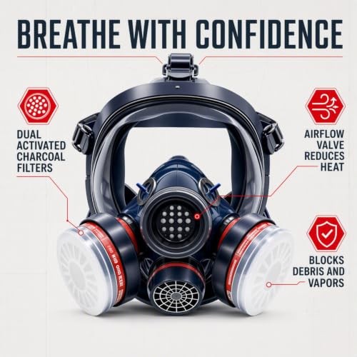 Full Face Respirator Mask with Anti-Fog & Charcoal Filters for Chemical Protection
