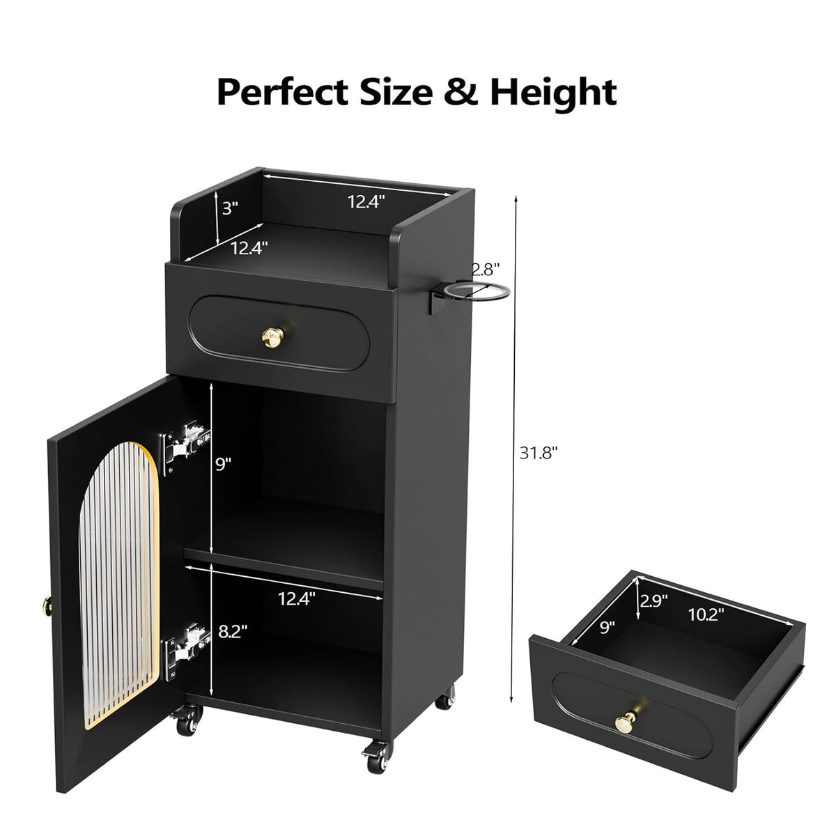 Salon Trolley Cart with Glass Door, Mobile Storage Cabinet with Wheels