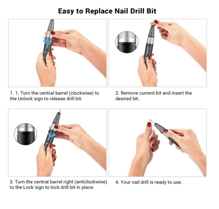 Professional Wireless Nail Drill Kit with LCD Screen, 6 Metal Bits, 3000-30000 RPM