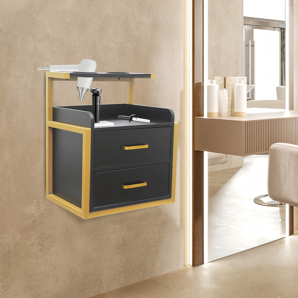 Wall-Mounted Salon Storage Cabinet with 2 Drawers & Hair Dryer Holder