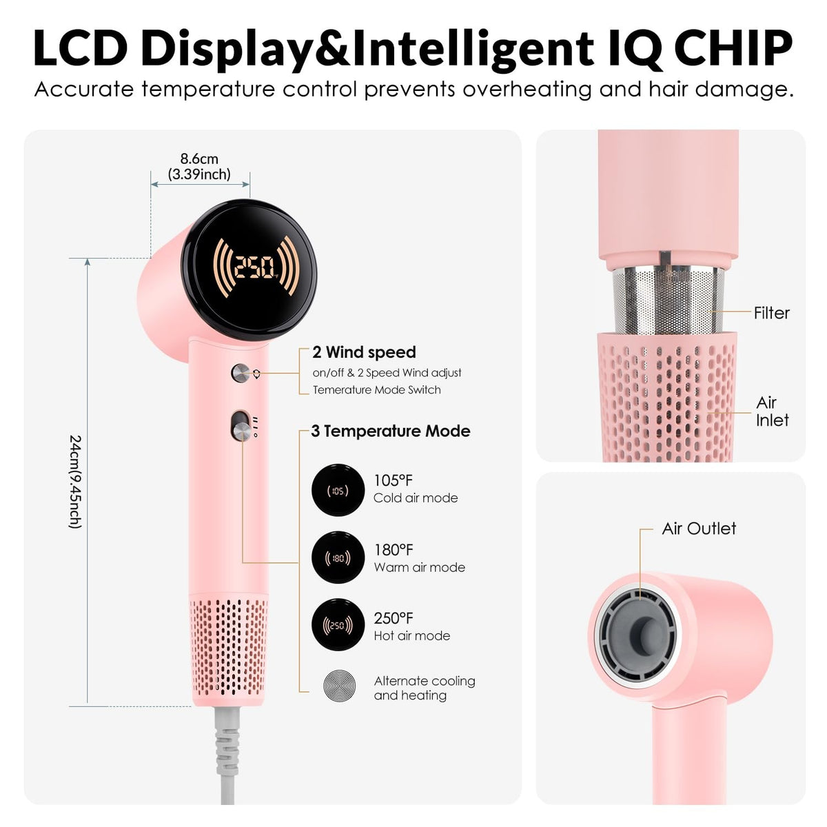 Pink Ionic Travel Hair Dryer with Diffuser - Fast & Quiet Styling