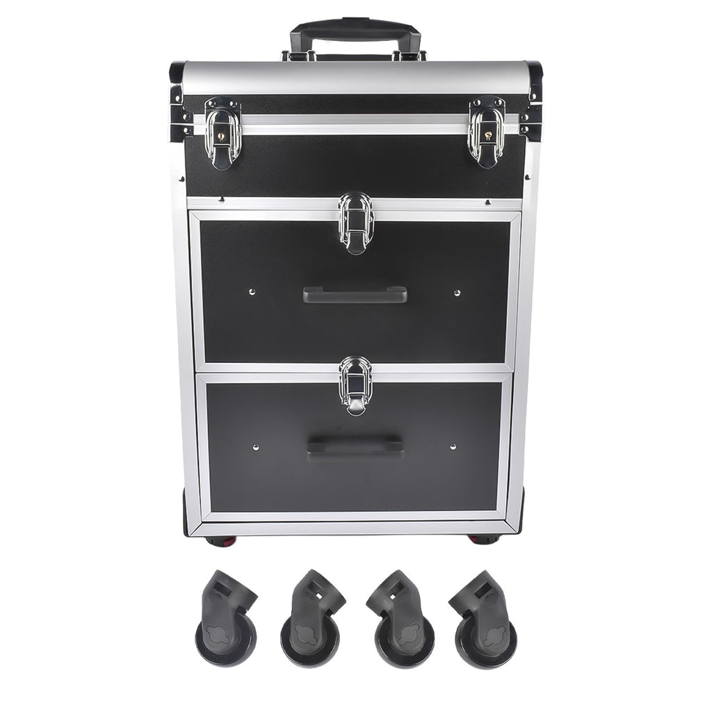 Large Rolling Makeup Train Case with Drawers and Wheels for Professionals