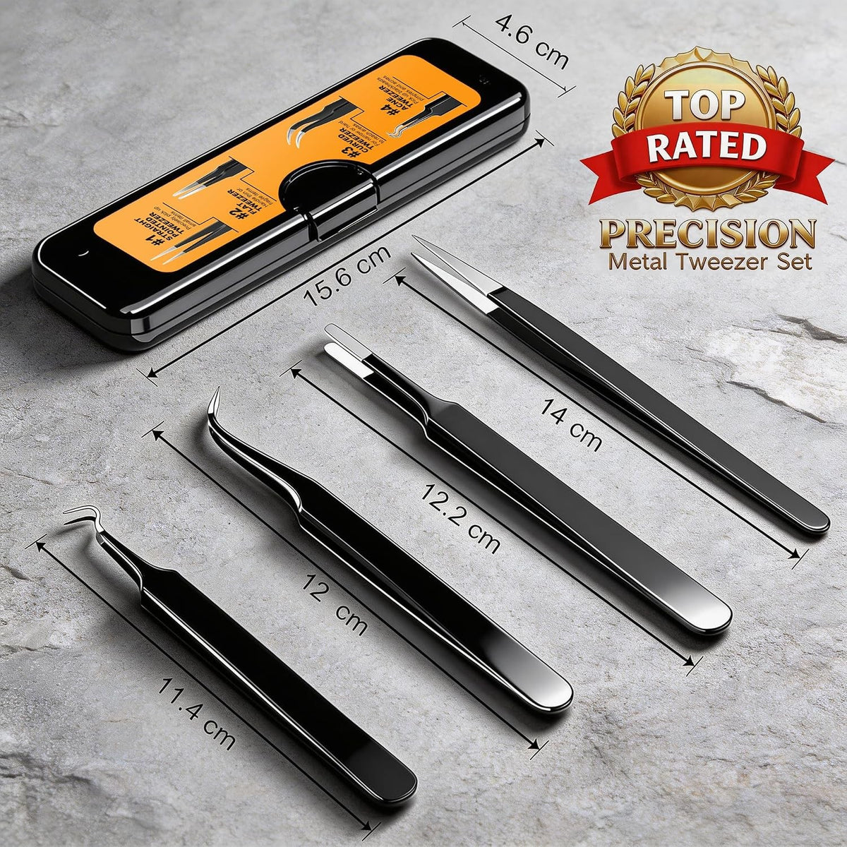 Precision Tweezers Set 4 Pack - Fine Point Curved Flat Angled for Crafts & Electronics
