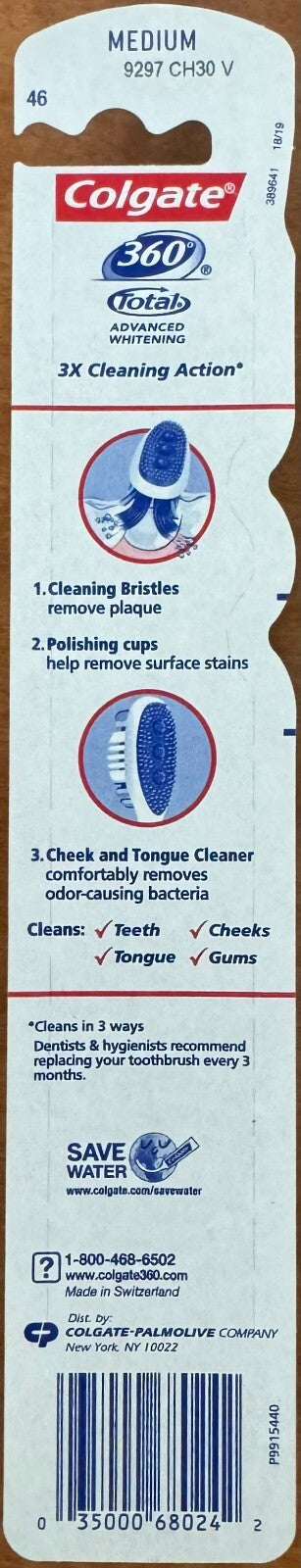 6 Pack Medium Colgate Total 360 Advanced Whitening Toothbrushes - Oral Care Set