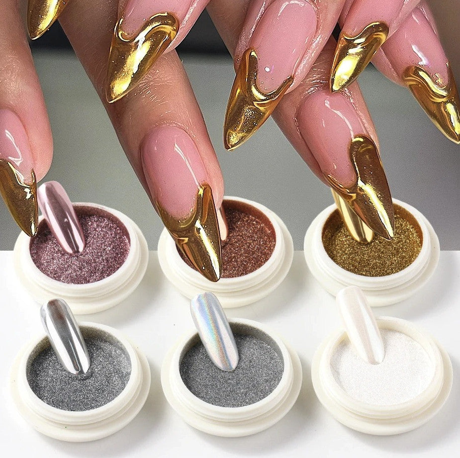 6pcs Chrome Mirror Nail Powder Set Holographic Aurora Metallic Pigments