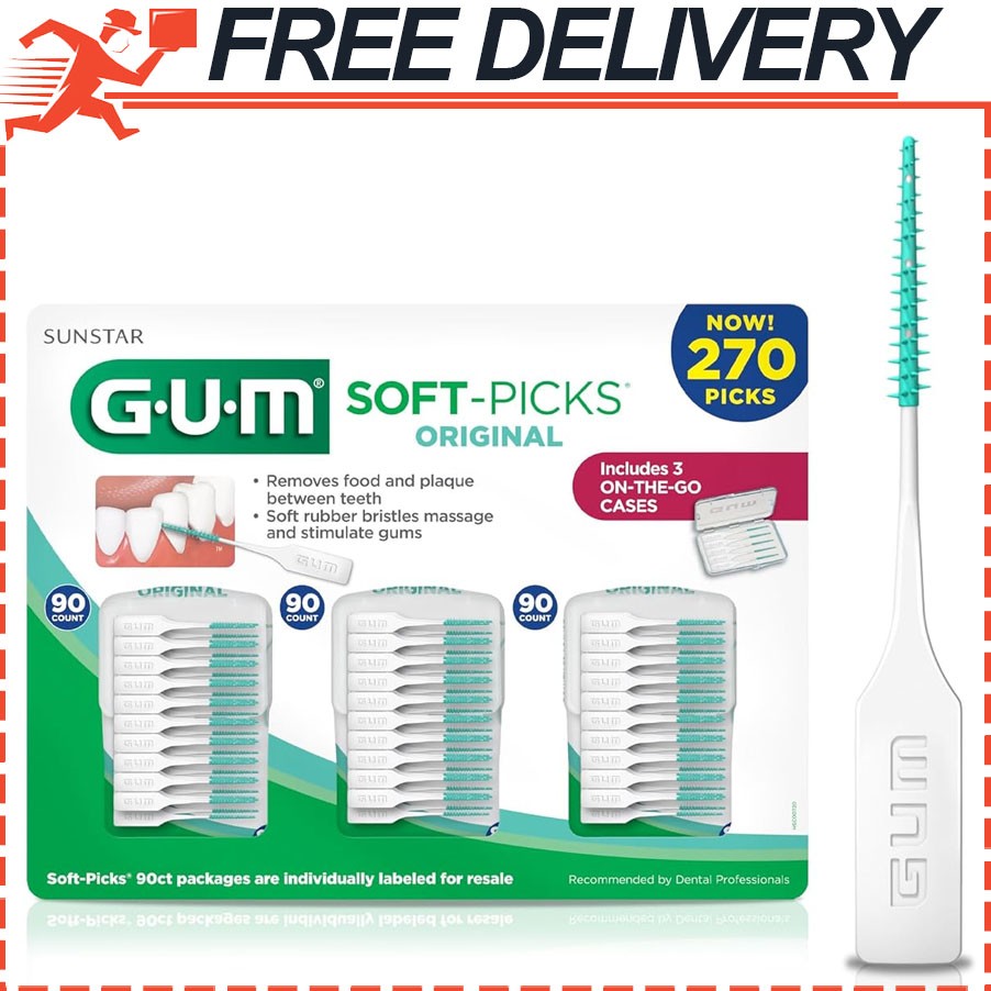 GUM Soft-Picks Oral Care Travel Pack - 270 Disposable Dental Picks with Case