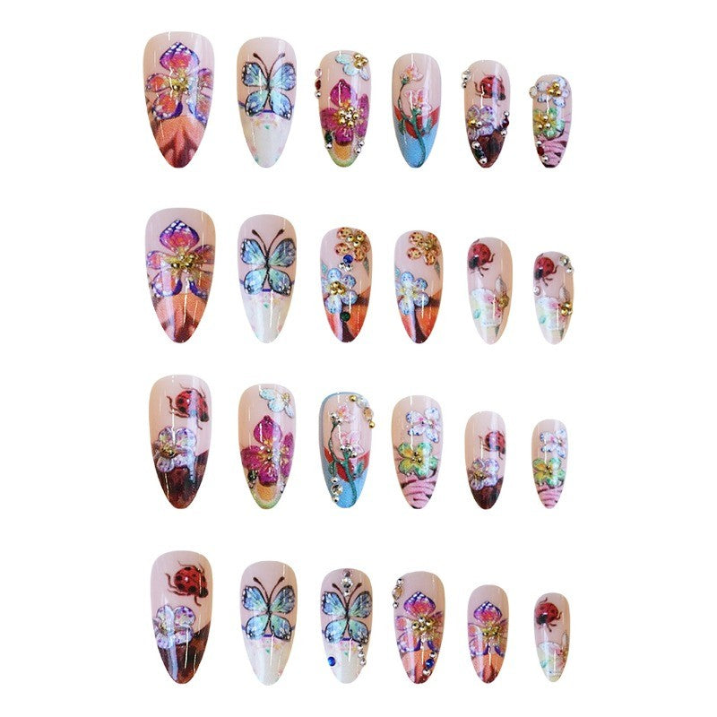 3D Floral Ladybug Press-On Nails Long Stiletto Colorful Garden Acrylic Nails