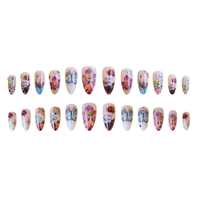 3D Floral Ladybug Press-On Nails Long Stiletto Colorful Garden Acrylic Nails