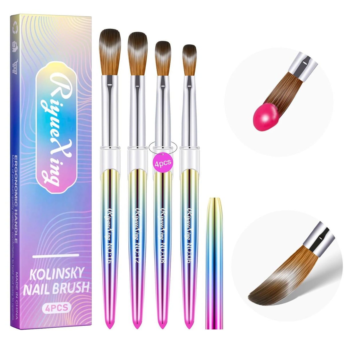 4PCS Acrylic Nail Brush Set - Kolinsky Sable Nail Art Brushes for Professional & Home Use