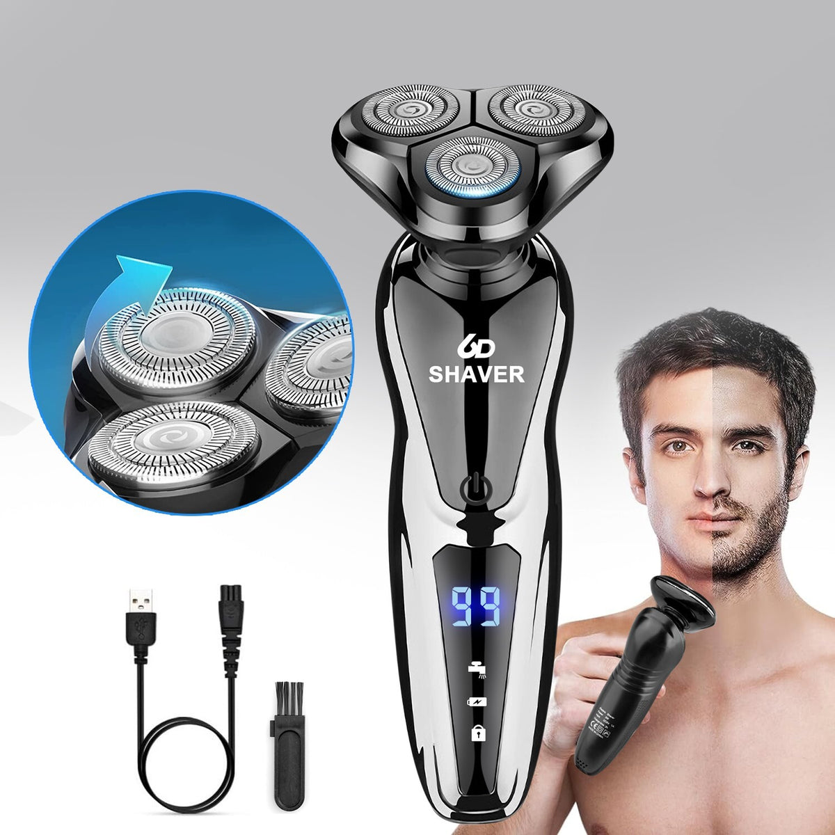Men's Waterproof Electric Shaver Trimmer with USB Charging & Long Battery Life