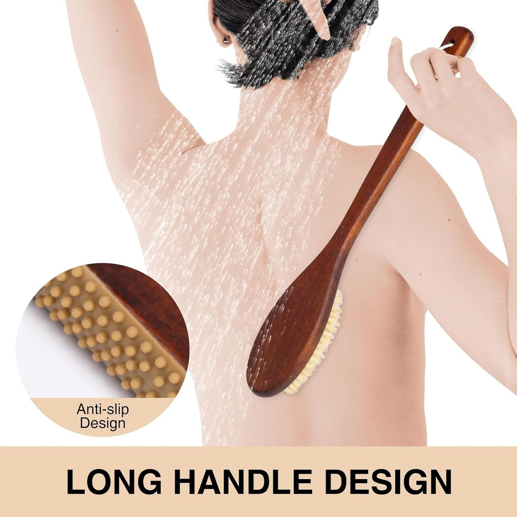 Wooden Bath Brush with Sisal Bristles & Long Handle for Shower Back Scrubbing