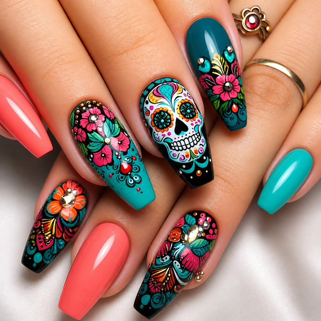 Medium Coffin Sugar Skull Full Cover Nail Tips Set with Glue & File