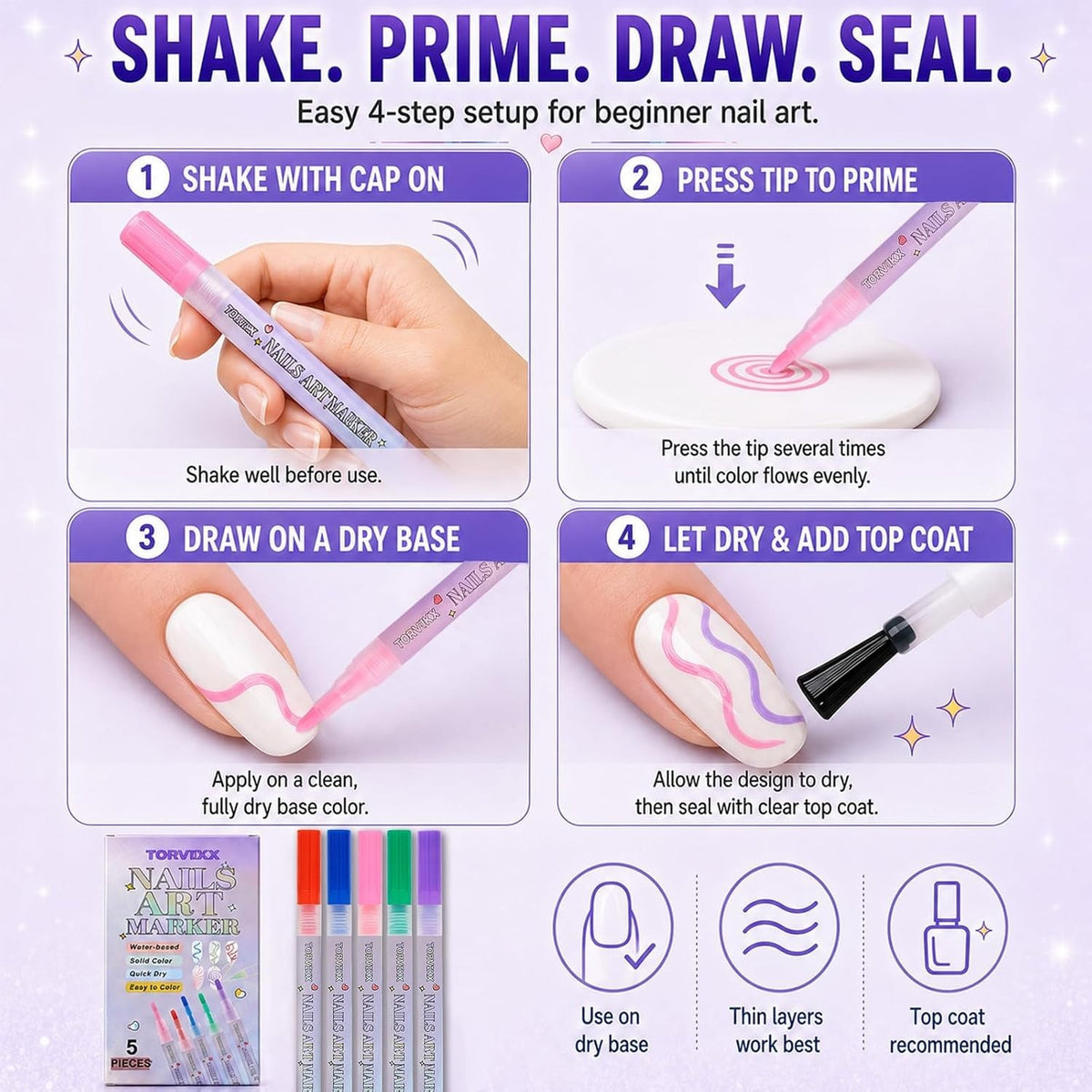 Vibrant Nail Art Pens Set for Kids & Adults - 5 Bright Colors for DIY Manicures
