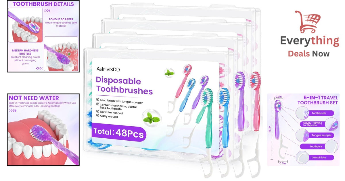 Mini 5-in-1 Disposable Travel Toothbrush Set with Floss, Waterless, Bulk 48 Pack