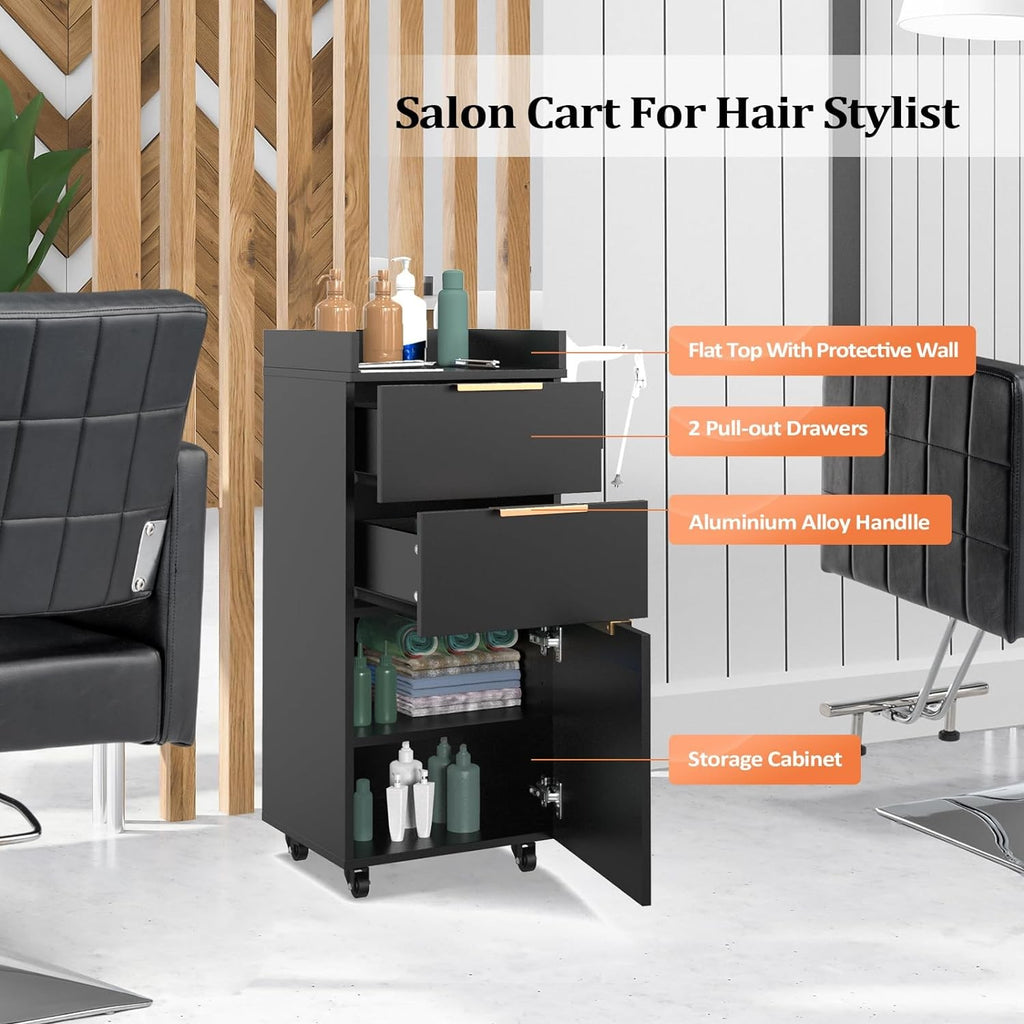 Salon Trolley Cart with 2 Drawers and Adjustable Shelves - Black