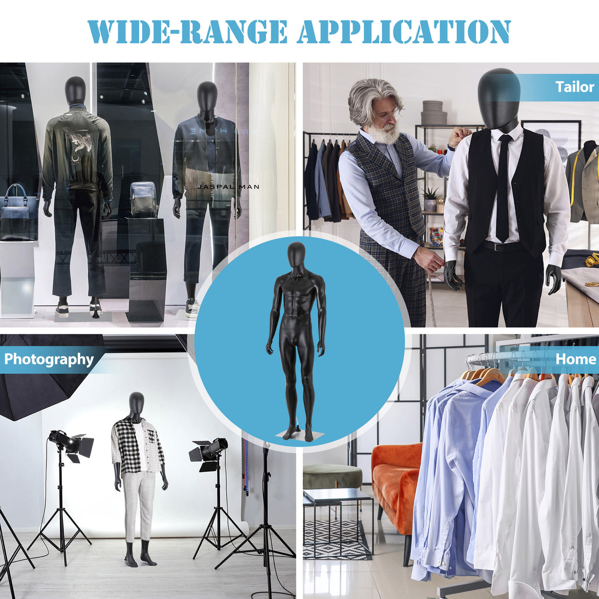 Full Body Adjustable Male Mannequin Stand 73 Inch Black for Fashion Display