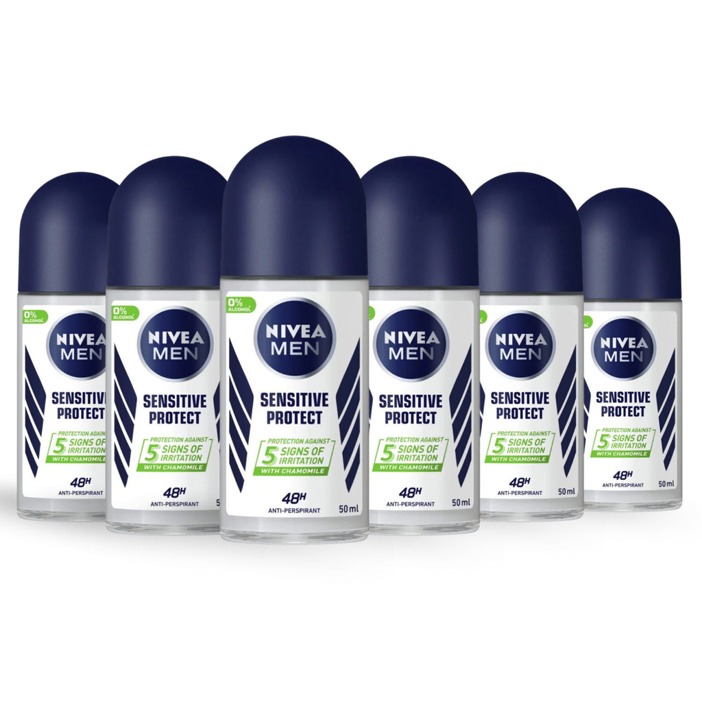Nivea Men Sensitive Deodorant 48H with Chamomile - Alcohol-Free Roll-On, 6-Pack