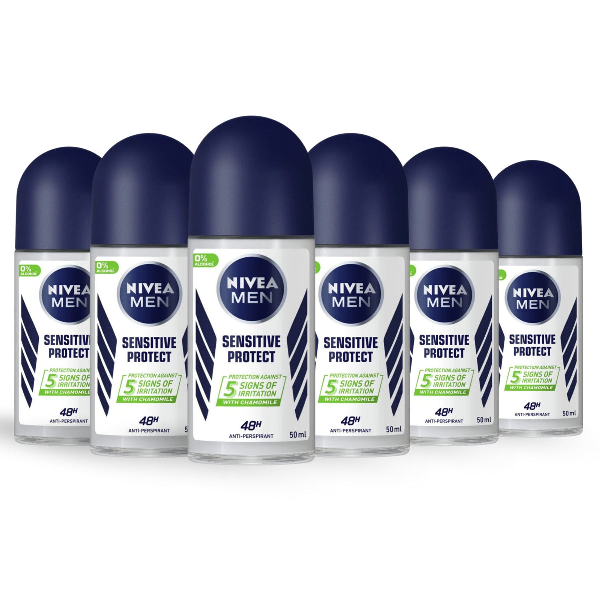 Nivea Men Sensitive Deodorant 48H with Chamomile - Alcohol-Free Roll-On, 6-Pack