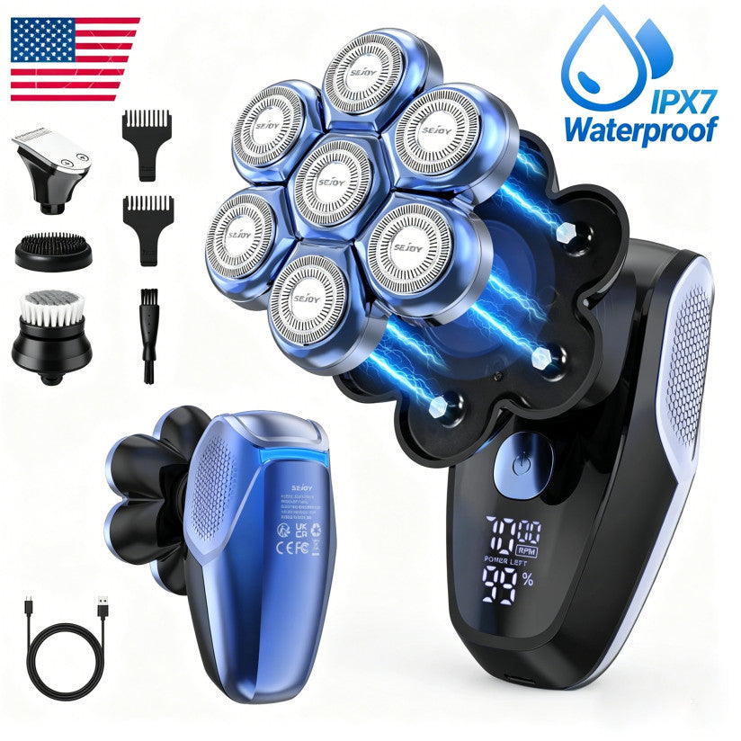 7D Rotary Electric Shaver for Men - Cordless Waterproof Bald Head Razor & Trimmer