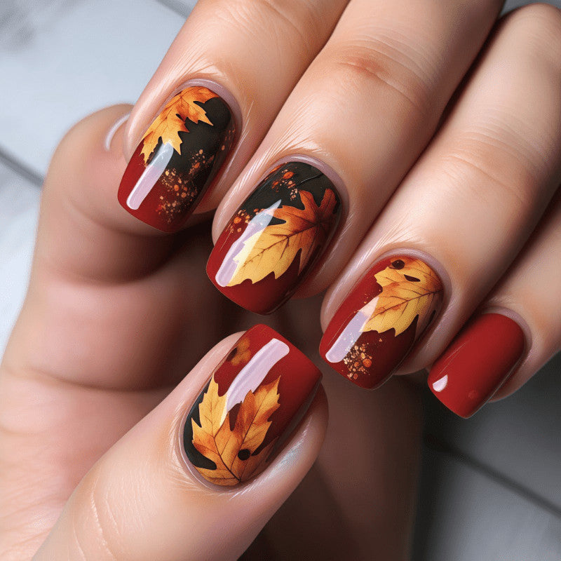 48 Pcs Maple Leaf Short Square Fake Nails - Vintage Autumn Press-On Manicure
