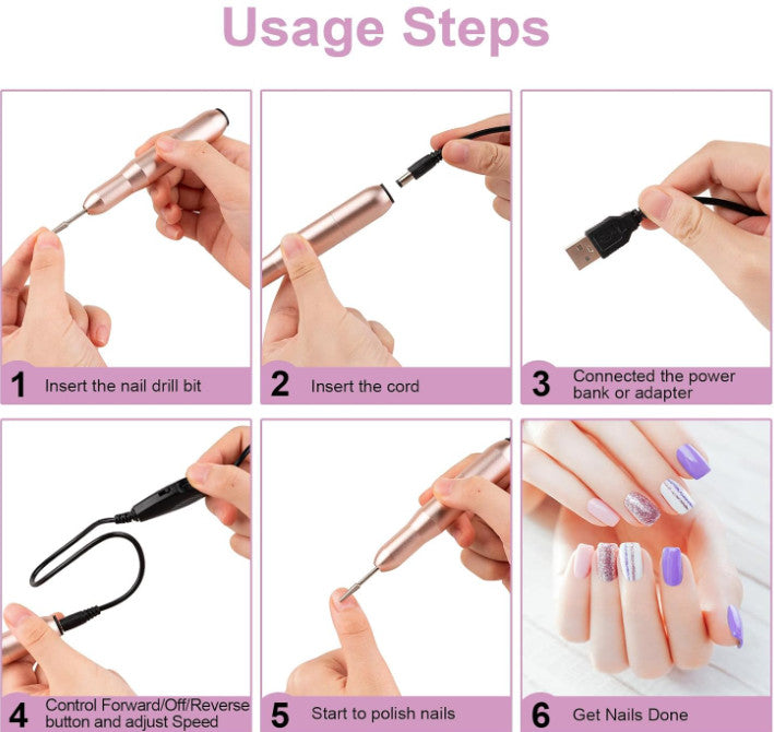 Electric Nail Drill Set for Acrylic & Natural Nails - USB Powered, Buffing & Filing Kit