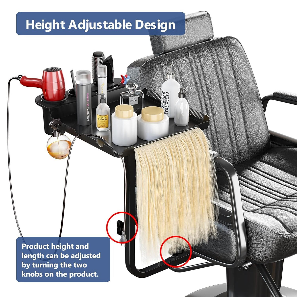 Rotatable Salon Tray for Barber Chairs with Adjustable Height and Tool Organizer