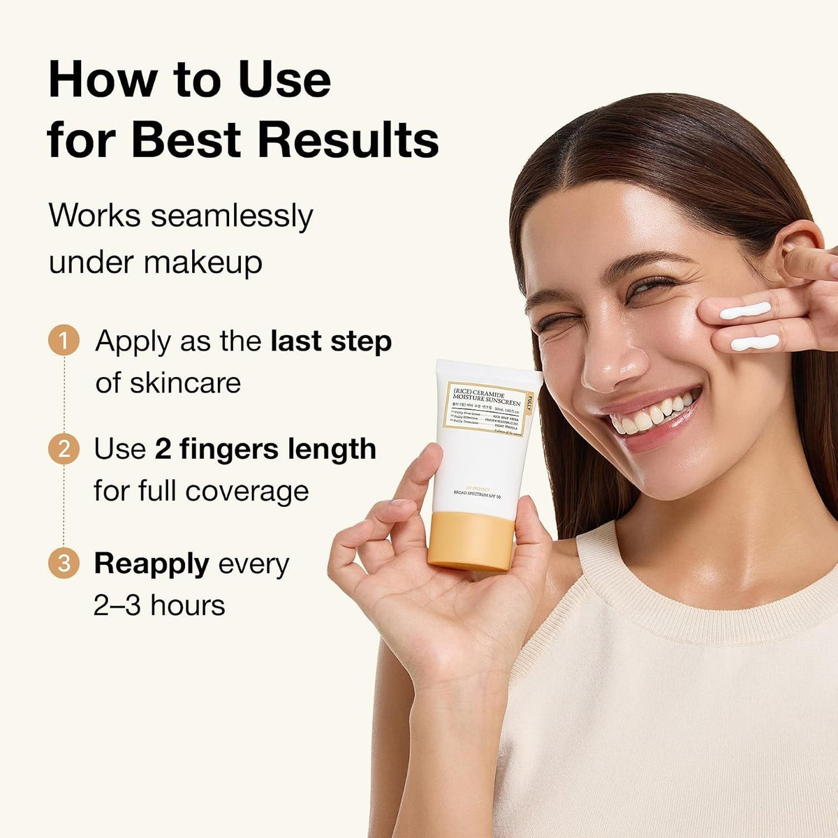 Korean SPF 50 Rice Ceramide Sunscreen for All Skin Types - Hydrating, No White Cast, Lightweight