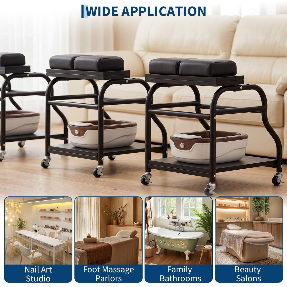 Salon Pedicure Cart Trolley with Wheels, Leg Pads & Storage for Foot Care