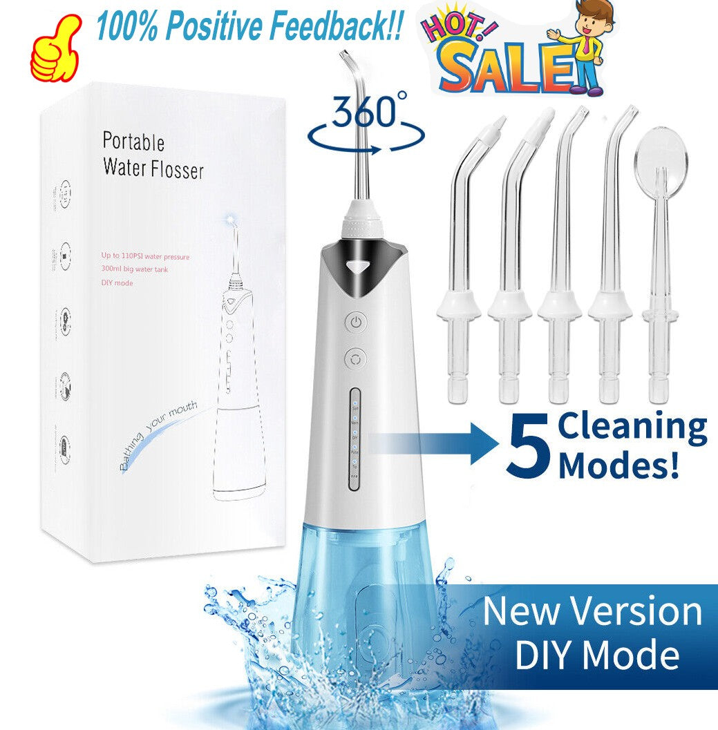 Cordless Dental Water Flosser with 5 Jet Tips, 300ML Rechargeable Oral Irrigator