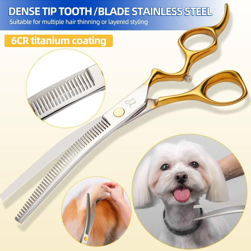 Dog Grooming Scissors Set with Curved Shears & Safety Tips - 4 in 1 Stainless Steel Kit