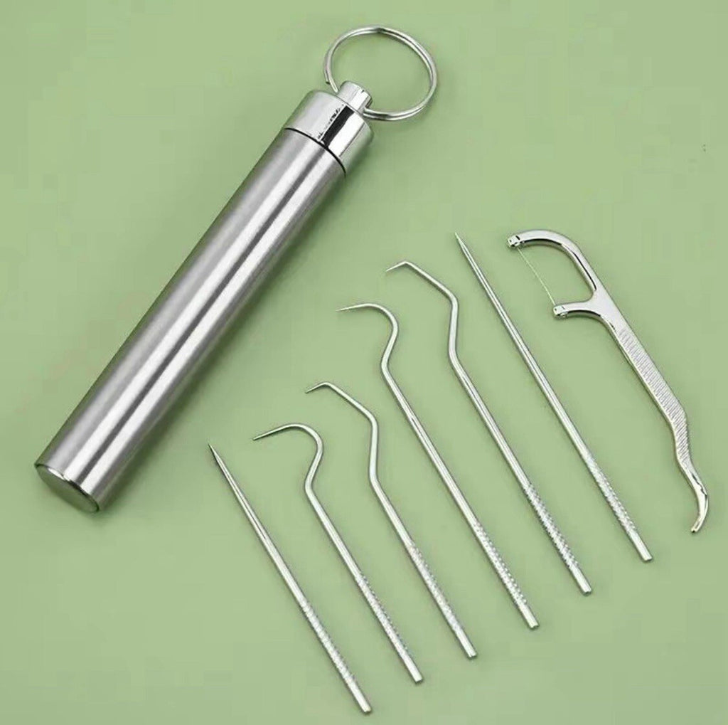 7PCS Reusable Metal Toothpick Set with Storage Tube - Stainless Steel Oral Care